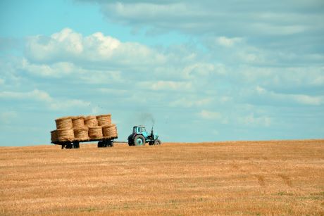 Tractor pulling hay bales in a field